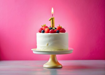 Silhouette of First Birthday Cake: Golden One Candle, Berries, Pink Background