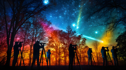 Fototapeta premium A group of astronomers standing together in a serene forest setting while stargazing and engaging in observational astronomy activities.