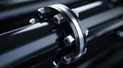 Fototapeta premium Industrial gas pipe with flange and reinforced bolt locking system. Ultra-sharp metal textures and defined mechanical structure.