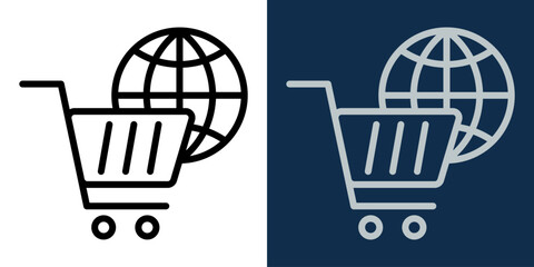 Minimalistic e-commerce icon with a shopping cart and a globe, symbolizing online shopping, global trade, digital marketplace, and internet commerce. Modern web shop pictogram. Editable Stroke © Mirikiteki