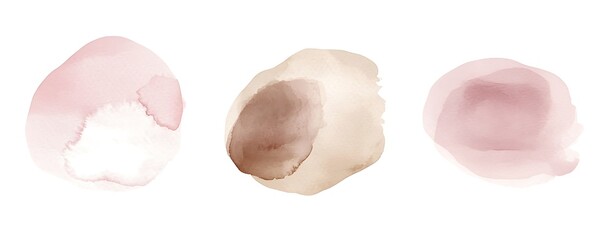 Fototapeta premium Set of abstract watercolor shapes in blush pink, beige, and neutral tones with dots, circles, geometric figures, and lines on a white background
