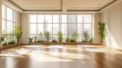 Fototapeta premium Bright and modern yoga studio ready for practice and relaxation