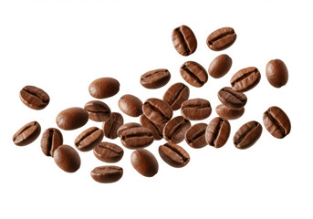 Obraz premium Roasted coffee beans falling in the air on white backdrop
