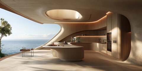 Fototapeta premium Innovative organic architectural design with a high-end modern kitchen that opens to a breathtaking ocean view, combining futuristic aesthetics and eco-conscious materials
