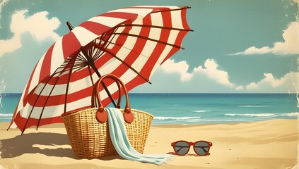 vintage beach scene with striped umbrella and woven bag for nostalgic summer vacation illustrations