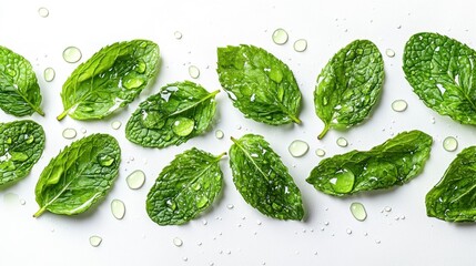Fresh mint leaves with water droplets, arranged, white background,  natural