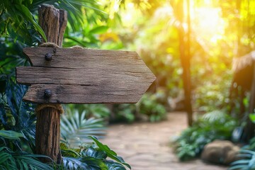 Wooden Arrow Sign Guiding Through Tropical Pathway