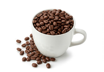 Fototapeta premium Freshly grinded coffee beans with a ceramic mug, isolated on white for minimalist coffee themes.