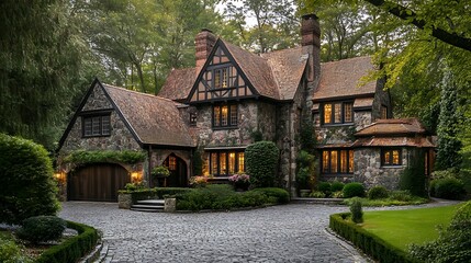 Fototapeta premium Majestic Stone House in a Lush Green Setting