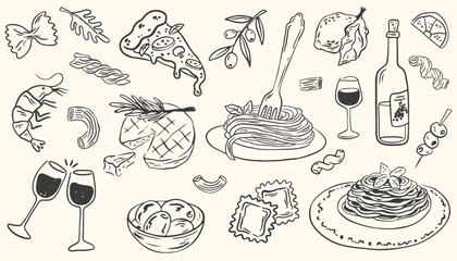 Hand drawn crayon food illustration. Sketch style lunch or dinner, mediterranean icons. Vector of wine, pizza, spaghetti illustrations for invitations, menus and parties. La dolce vita italian style