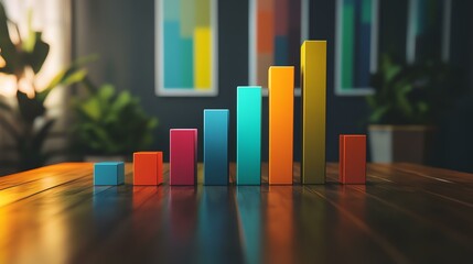 Vibrant bar graph representing data growth on a wooden table, showcasing colorful statistics and trends. business life concept