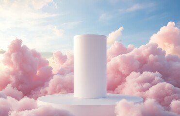 White cylindrical podium in the clouds, pink sky background, soft pastel colors