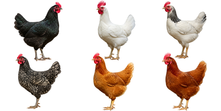 Six chickens of various colors standing against a solid  transparent background
