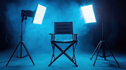 Directors chair illuminated by powerful studio lights on a cool atmospheric set
