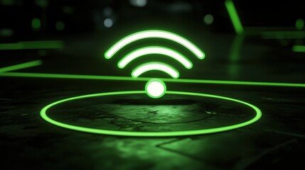 Fototapeta premium Vibrant green wireless technology concept with neon wifi symbol on a high tech floor at night