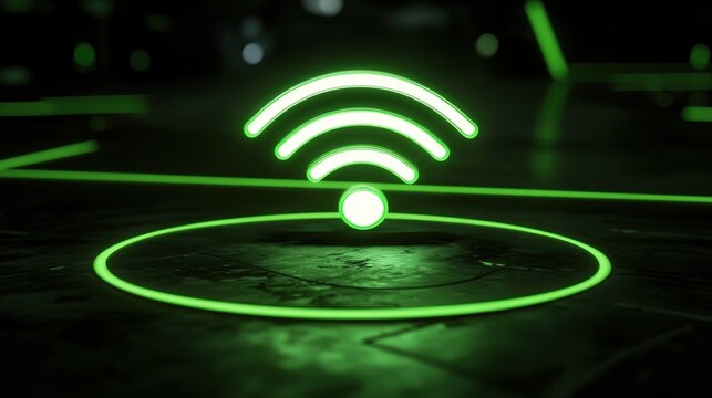 Vibrant green wireless technology concept with neon wifi symbol on a high tech floor at night