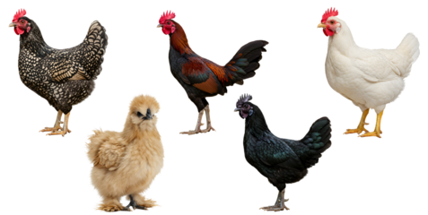 Various chickens and a rooster standing against a plain backdrop transparent background