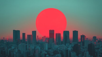Fototapeta premium Vibrant red sun dominates the city skyline at dusk