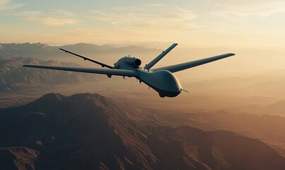 Military drone patrols high altitude territory during vibrant sunset