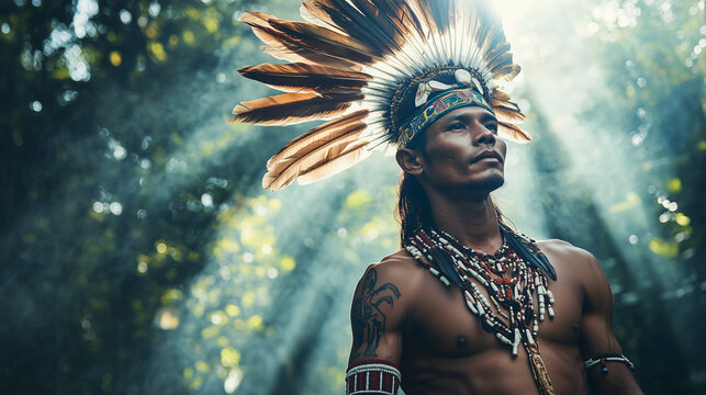 A Dayak man wearing traditional war clothes with a beaded vest, a hornbill feather headband, and a typical tribal tattoo decorating his arm, Ai generated images
