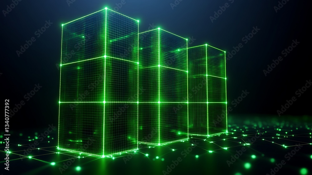 Poster abstract digital 3d representation of data cubes in green with grid structure and futuristic backgro