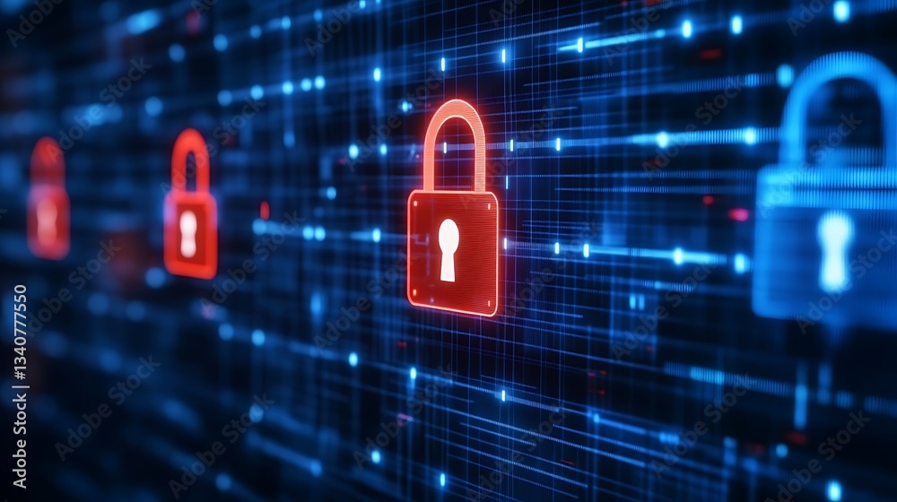 Poster abstract digital security concept with locked symbols and data streams representing cybersecurity la