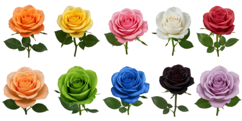 Collection of colorful roses arranged in two rows against  transparent background