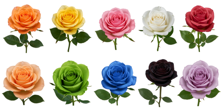 Collection of colorful roses arranged in two rows against  transparent background
