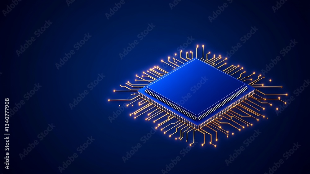 Sticker blue electronic circuit board with microchip and illuminated connections on dark background