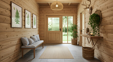 serene wooden entryway with cozy accents like a cushioned bench, a wicker basket, and greenery, blending rustic charm with minimalist aesthetics."*
