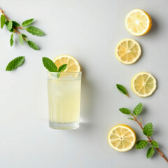 Refreshing lemonade with mint and lemon slices arranged on a light background