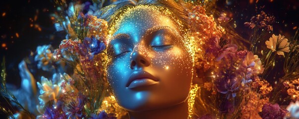 Virgo goddess projection, adorned with glowing floral holographic accents, exuding cosmic elegance and celestial beauty.
