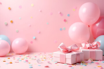 festive pink birthday party background, pastel pink surface, colorful balloons, scattered confetti, neatly arranged gift boxes with ribbons, soft and dreamy lighting, celebration scene, cheerful and e