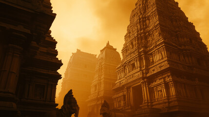 Ancient Shiva temple with centuries-old stone architecture, decorated with carvings of gods and apsaras, a large Nandi statue stands majestically at the entrance, Ai generated images