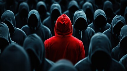 Obraz premium Striking contrast between individuality and anonymity in a crowd of hooded figures