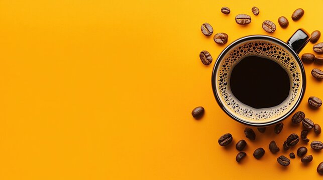 Enjoy a cup of freshly brewed black coffee surrounded by coffee beans on a vibrant yellow background