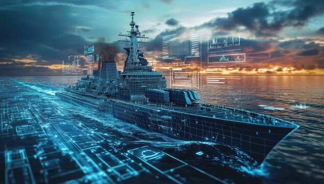 A naval vessel navigates the ocean, showcasing twin technology integrated for enhanced operational capabilities during sunset