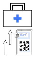 Obraz premium Briefcase with medical cross, smartphone displaying QR code and receipt, upward arrows representing progress. Ideal for digital healthcare, medical payments, technology, innovation, growth