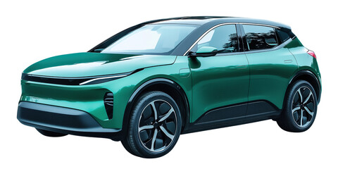 Green Electric SUV car concept isolated on a transparent or a white background, cut out, PNG