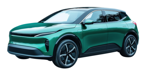 Green Electric SUV car concept isolated on a transparent or a white background, cut out, PNG