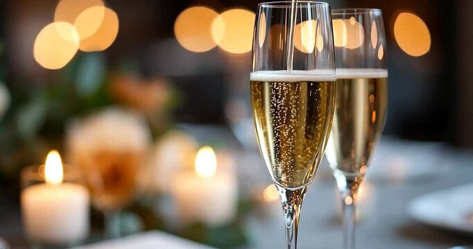 Close-up of champagne flutes being filled at a celebration with blurred candlelights and floral arrangements in the background conveying a romantic atmosphere