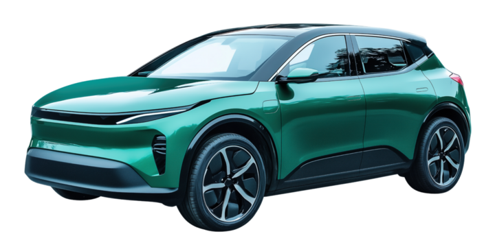 Green Electric SUV car concept isolated on a transparent or a white background, cut out, PNG