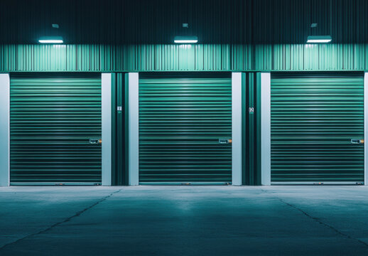 Storage unit doors are lined up neatly in a well-lit area, creating a sense of order and organization under nighttime illumination