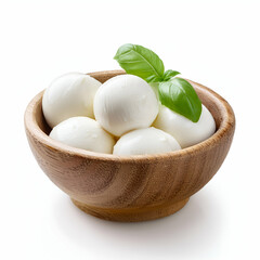 Fresh mozzarella cheese balls in wooden bowl with basil leaf italian food gourmet dairy product appetizer 