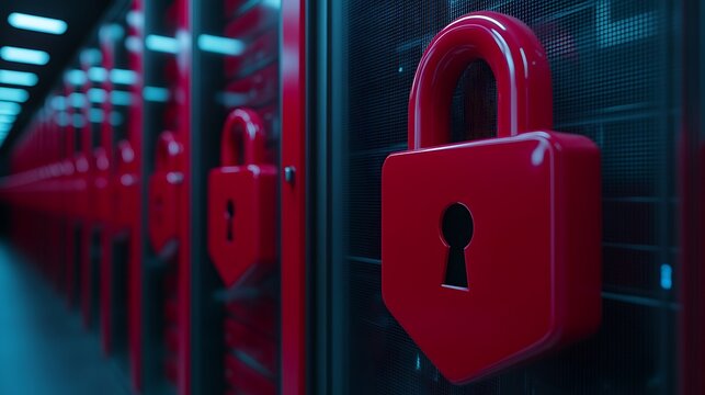 Bright Red Padlock On Secure Server Background In Modern Data Center Environment At Night