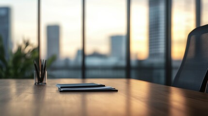 Meeting space features a blurred background with city skyline and sunset glow, creating a professional atmosphere