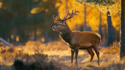Majestic red deer in golden morning light, serene forest backdrop. A moment of natural grace and tranquility.