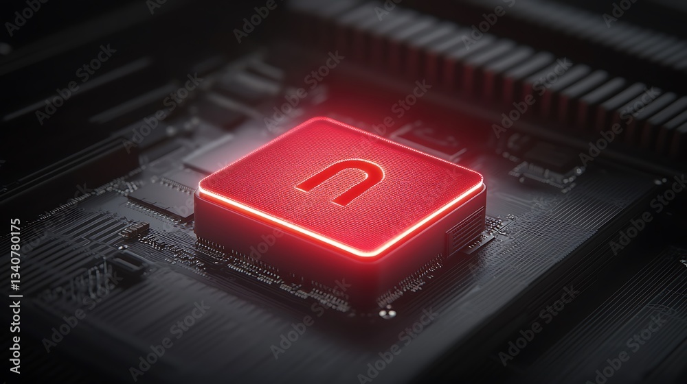 Wall mural close-up view of modern computer chip with glowing red logo on dark circuit board background