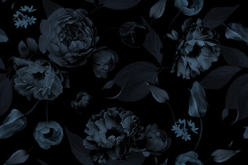 Deep Blue Floral seamless pattern. Vintage Gothic Dark Background