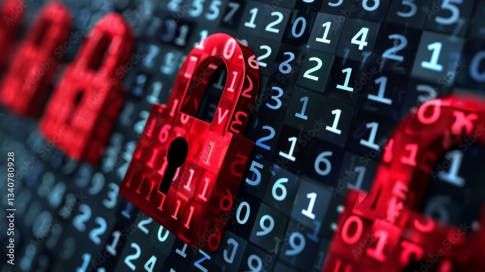 Poster digital security measures highlighted by red locks over binary code in a cybersecurity landscape